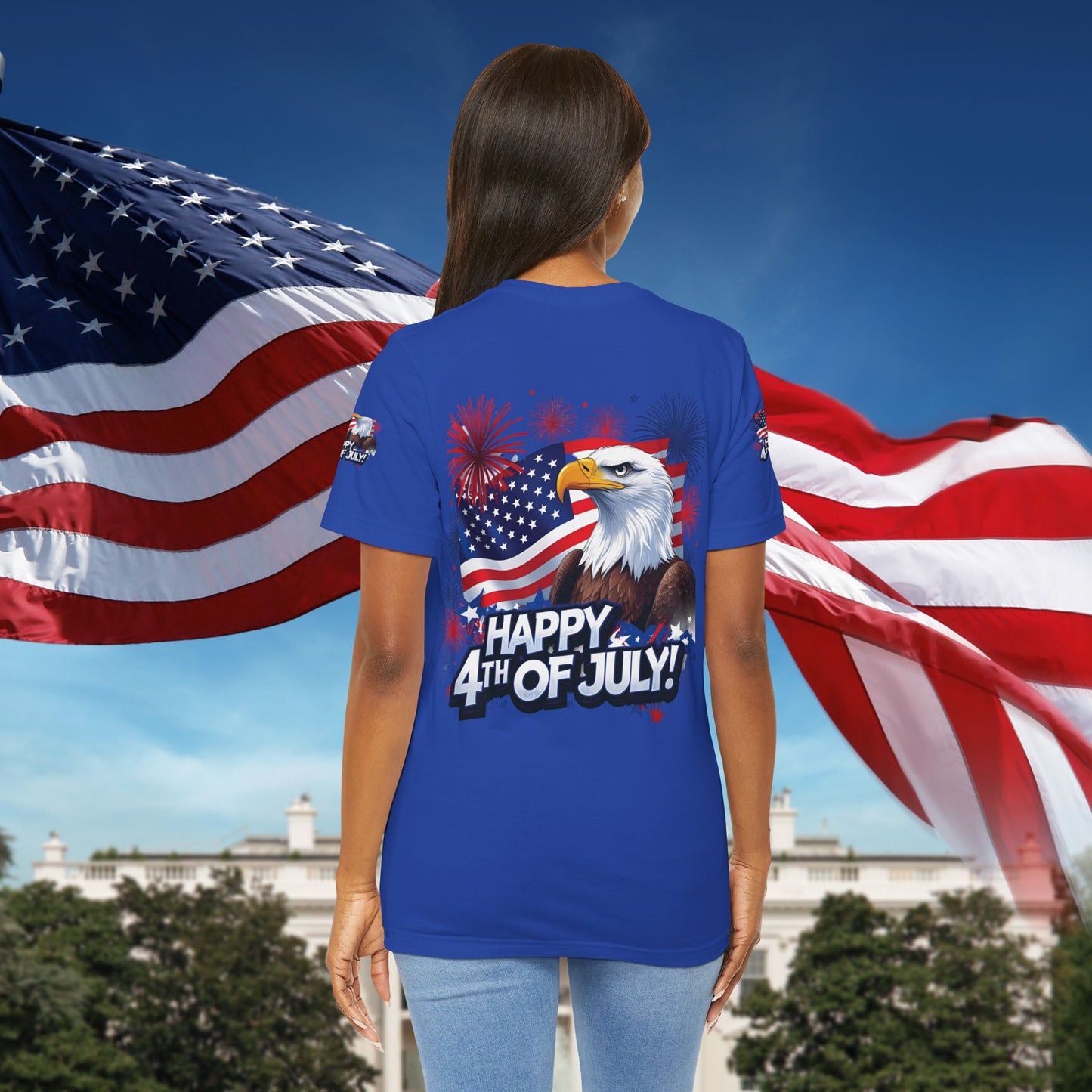 Happy 4th of July,  Print Design, Unisex T-Shirt, Patriotic Print Design, Independence Day Shirt, Red White Blue Shirt, USA Tee Gift, Gift For Her, Gift For Him, American Flag, Bald Eagle