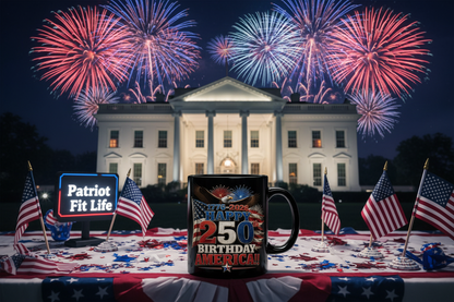 Happy 250th Birthday America Mug | 1776-2026 Patriotic Eagle Flag & Fireworks Black Coffee Cup