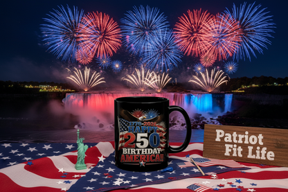 Happy 250th Birthday America Mug | 1776-2026 Patriotic Eagle Flag & Fireworks Black Coffee Cup