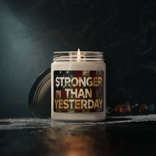 Scented Soy 9oz Candles - Stronger Than Yesterday Print - Vintage American Flag Background