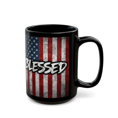 Sleek Ceramic Black Mug Blessed - American Flag - Patriotic Coffee Lover Gift - Home Decor - 11oz - 15oz
