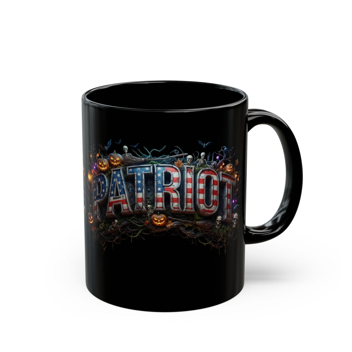 Patriot Halloween Black Coffee Mug - Skeleton Pumpkin Panoramic Flag Graphic | Spooky Edition | 11oz & 15oz