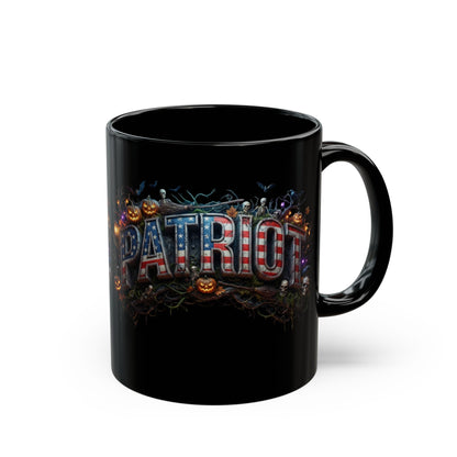 Patriot Halloween Black Coffee Mug - Skeleton Pumpkin Panoramic Flag Graphic | Spooky Edition | 11oz & 15oz