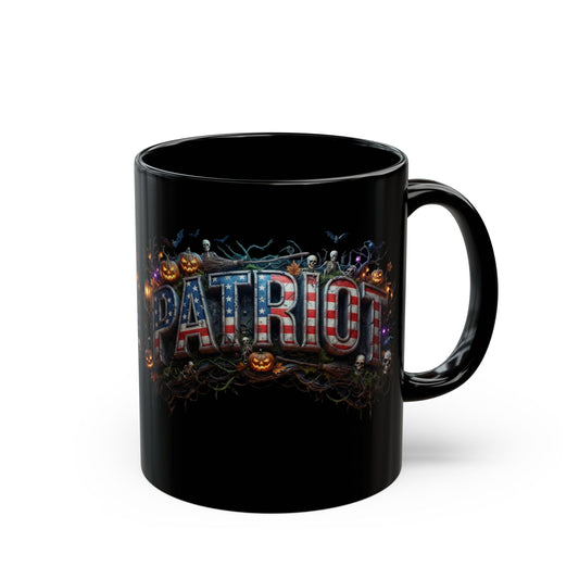 Patriot Halloween Black Coffee Mug - Skeleton Pumpkin Panoramic Flag Graphic | Spooky Edition | 11oz & 15oz