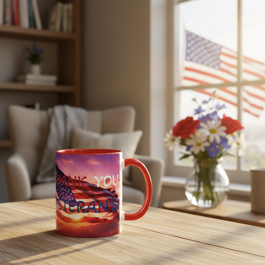 Veterans Thank You Coffee Mug — American Flag Accent - Red White & Blue - 11/15oz