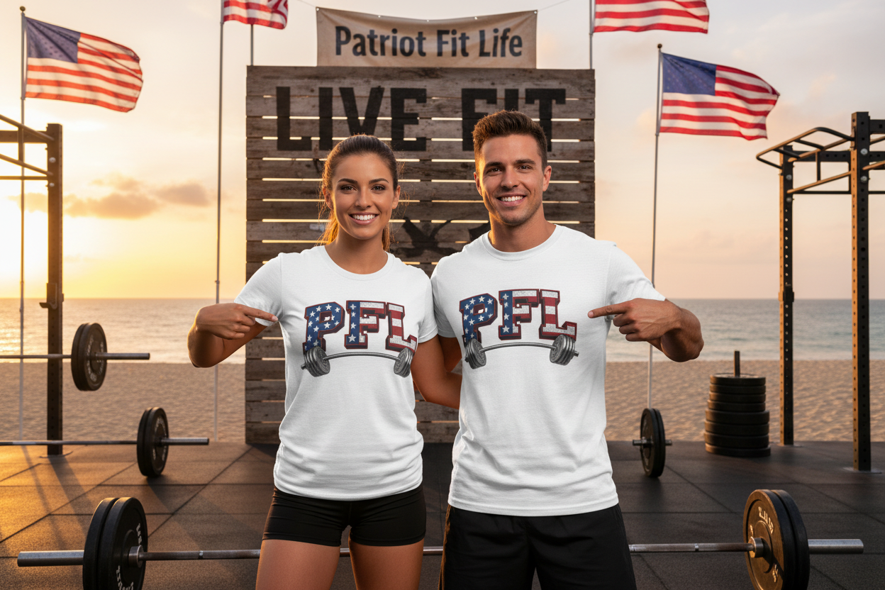 PFL Patriot Fit Life T-Shirt | American Flag Barbell Weightlifting Tee – LIVE FIT