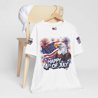 Happy 4th of July,  Print Design, Unisex T-Shirt, Patriotic Print Design, Independence Day Shirt, Red White Blue Shirt, USA Tee Gift, Gift For Her, Gift For Him, American Flag, Bald Eagle
