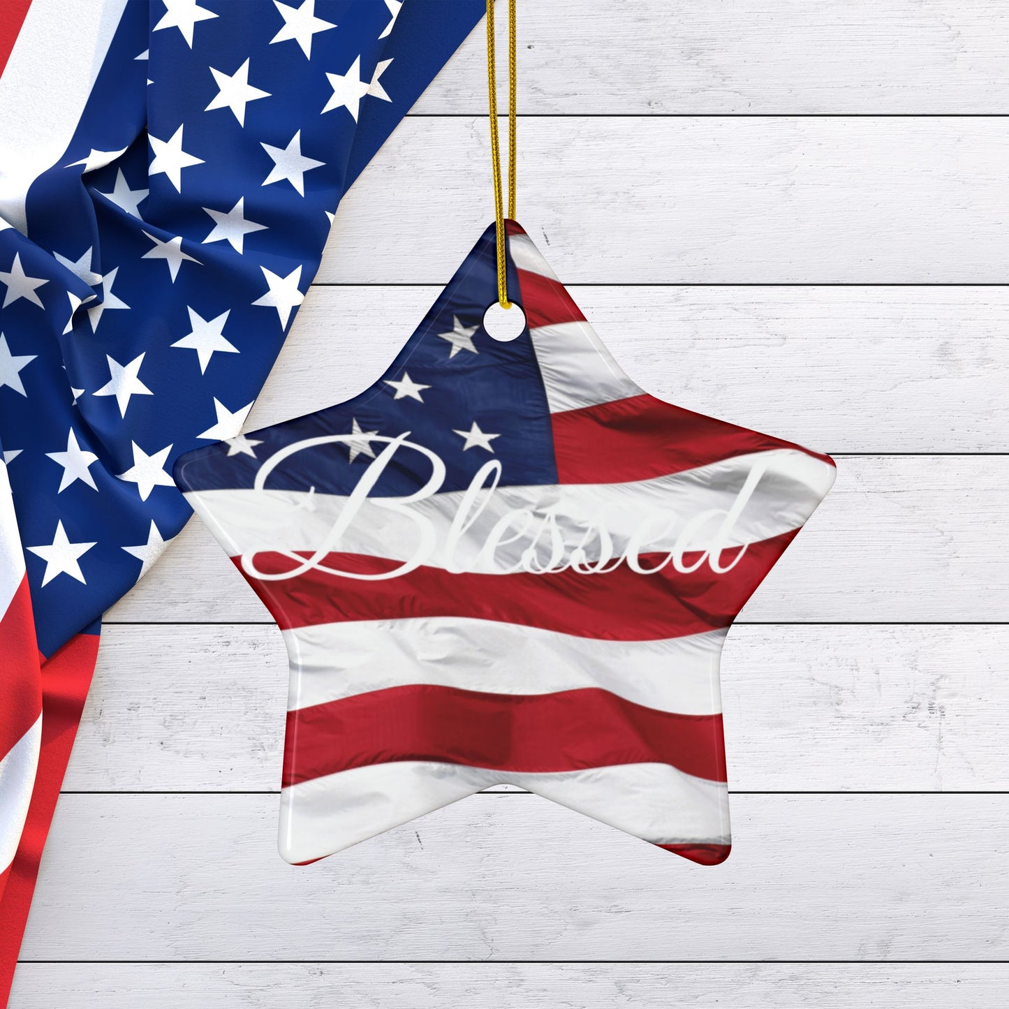 Ceramic Ornaments - White Blessed Print - American Flag Backdrop - Red White & Blue Design (1-10pcs)