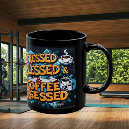 Stressed Blessed & Coffee Obsessed Print,  11 oz. Insulated Travel Mug, Motivational Mug, Gift for Coffee Lovers, Fitness Mug, Inspirational Drinkware