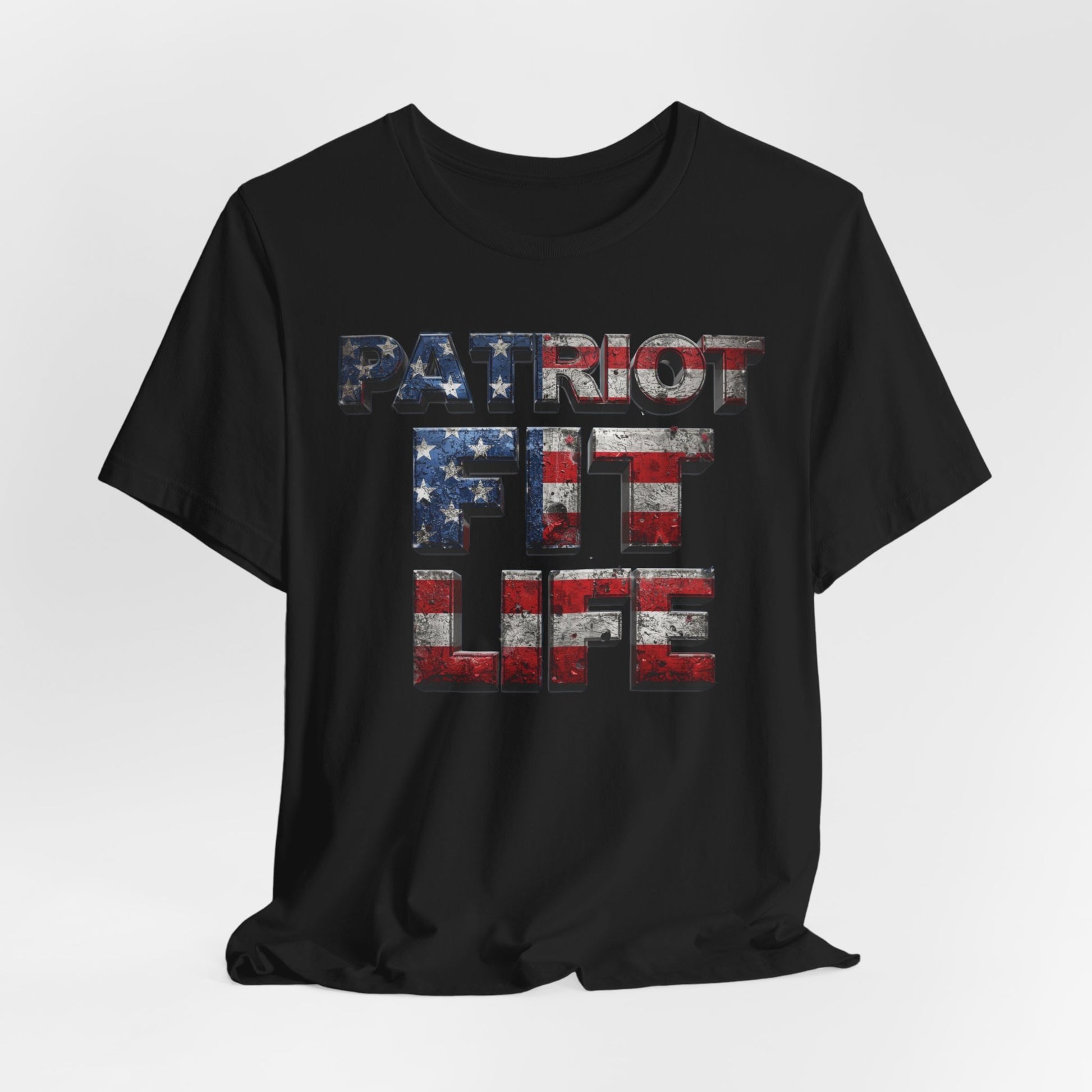 A black short-sleeve crewneck t-shirt with a distressed graphic on the front reading 'PATRIOT FIT LIFE' in an American flag pattern of red, white, and blue.