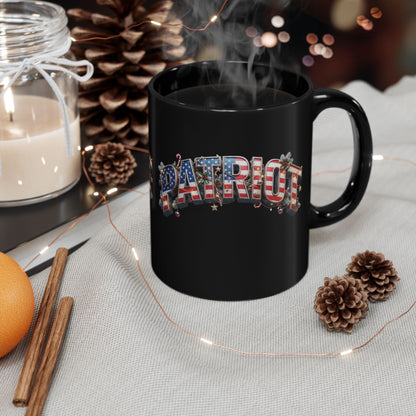 Patriot Christmas Black Coffee Mug - Flag Letters with Holly & Candy Canes | 11oz & 15oz