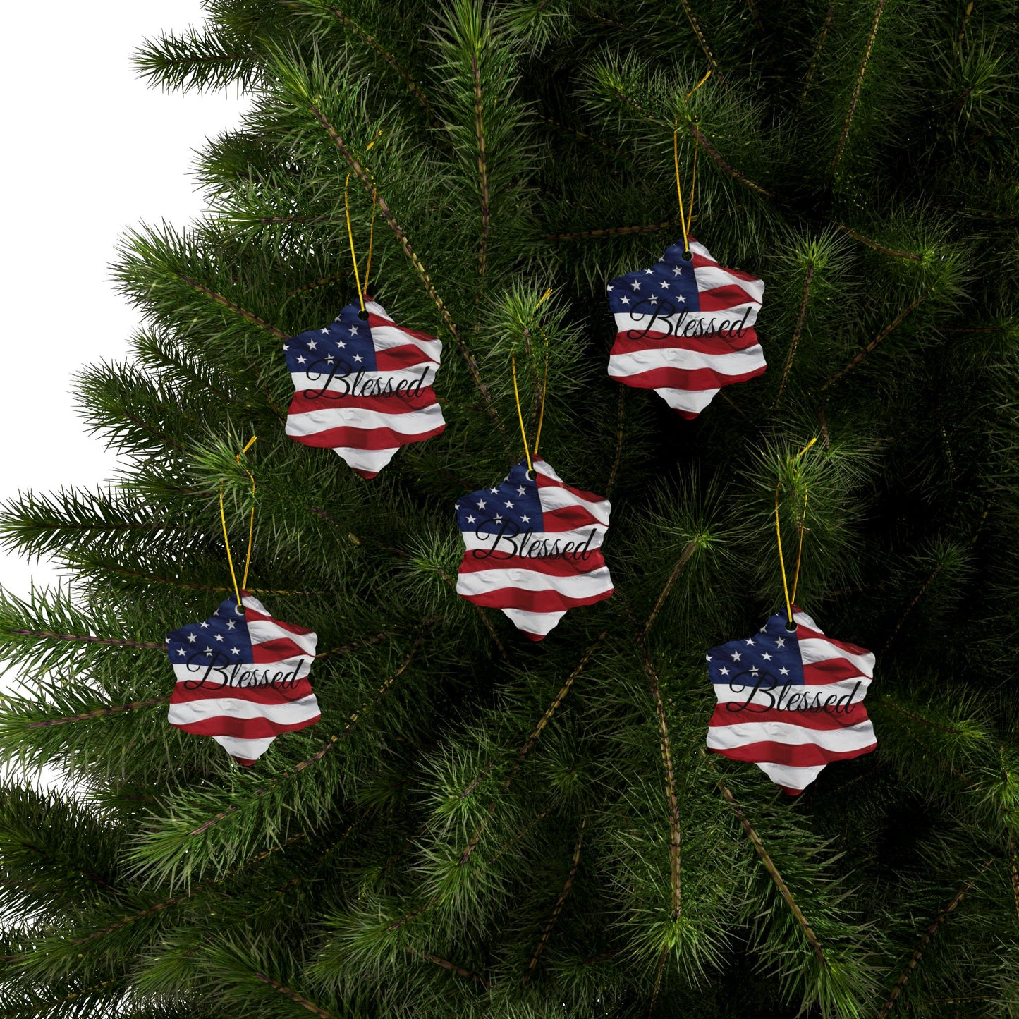 Ceramic Ornaments - Patriotic - Blessed Print - American Flag Backdrop - Red White & Blue
