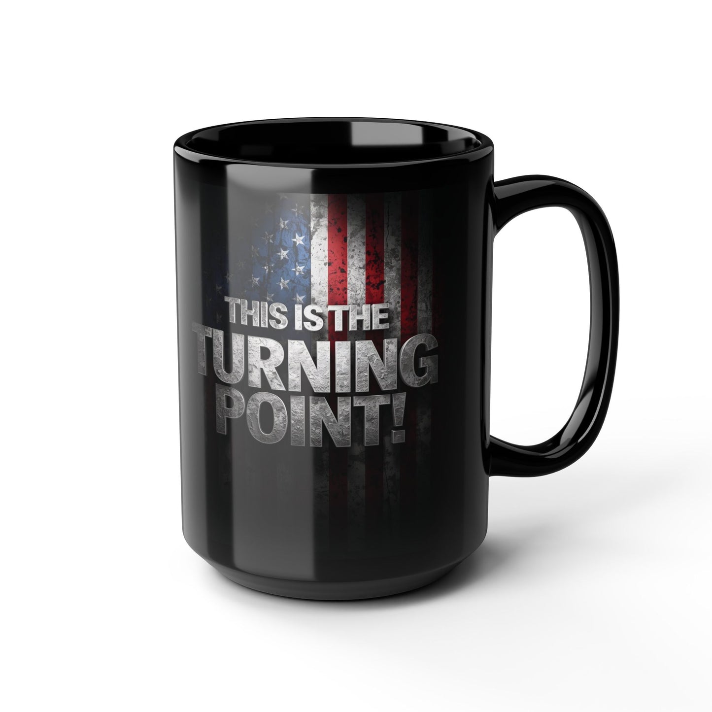Charlie Kirk - This Is The Turning Point! - American Flag Backdrop - Sleek Black Ceramic Mug - 11oz - 15oz