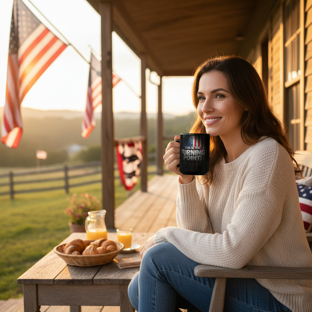 Charlie Kirk - This Is The Turning Point! - American Flag Backdrop - Sleek Black Ceramic Mug - 11oz - 15oz