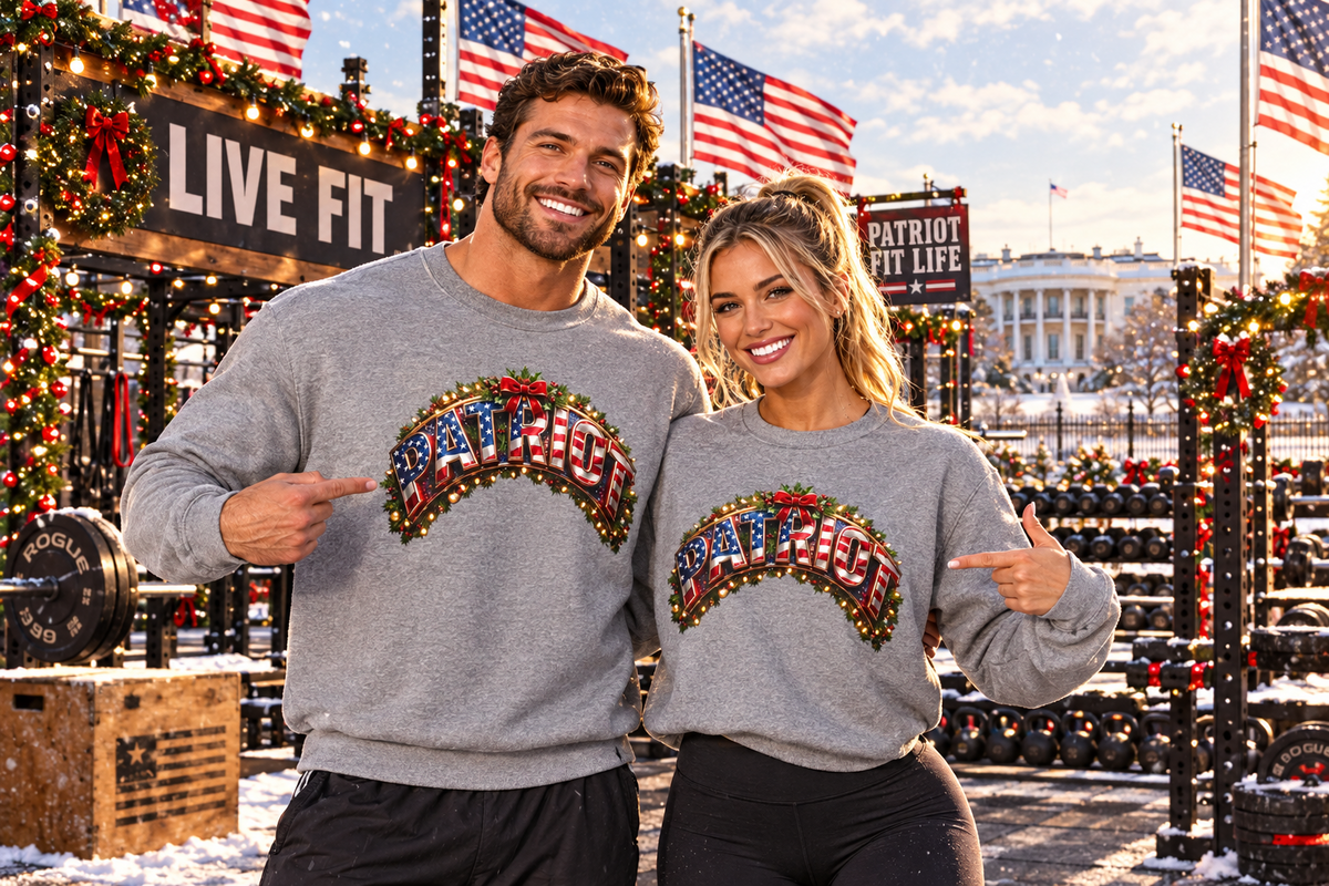 A man and a woman wearing matching gray crewneck sweatshirts with a festive 'Patriot Christmas' graphic stand at an outdoor holiday fitness gym in front of the White House. The sweatshirts feature a graphic of the American flag in a wreath with 'PATRIOT' written below.