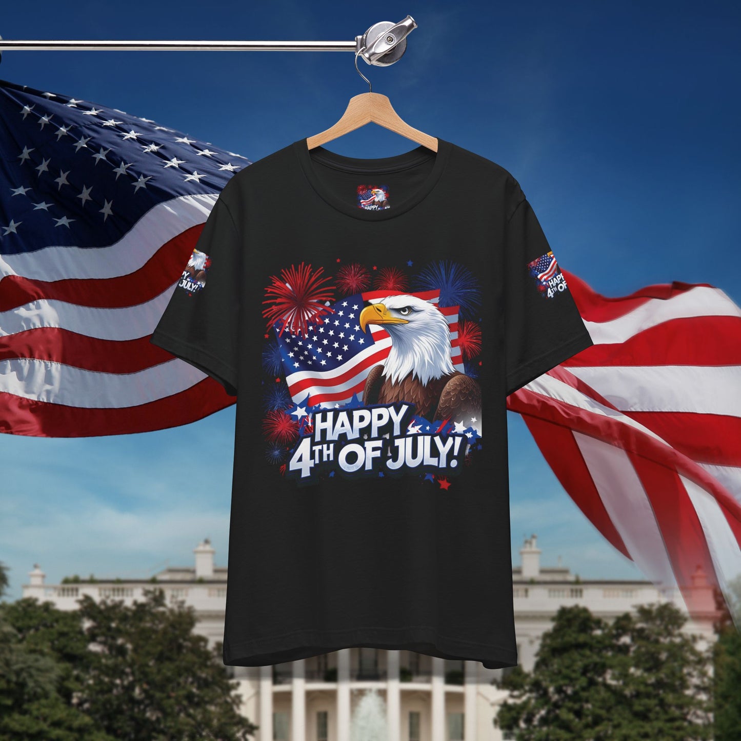 Happy 4th of July,  Print Design, Unisex T-Shirt, Patriotic Print Design, Independence Day Shirt, Red White Blue Shirt, USA Tee Gift, Gift For Her, Gift For Him, American Flag, Bald Eagle