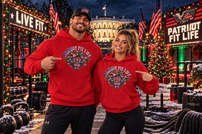 Patriot Fit Life Christmas Gym Hoodie - Eagle Barbell Wreath Americana Graphic | Unisex S-5XL