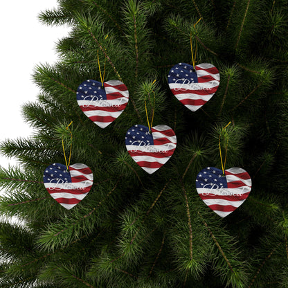 Ceramic Ornaments - White Blessed Print - American Flag Backdrop - Red White & Blue Design (1-10pcs)