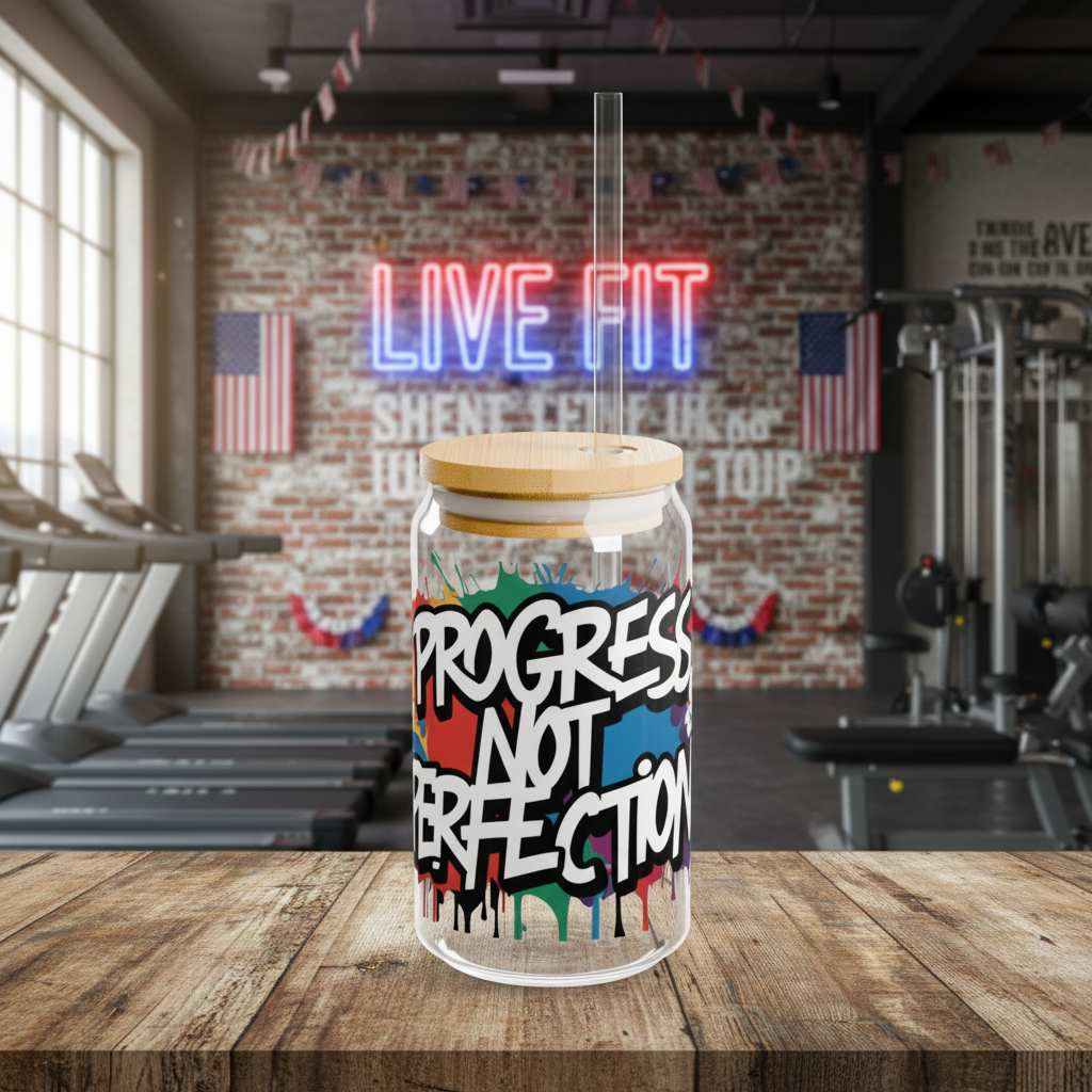 Sipper Glass  16oz - Vibrant - Progress  Not  Perfection  Design