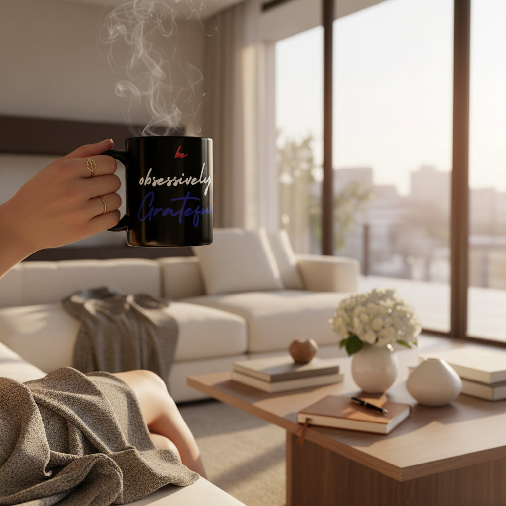 Black Ceramic Mug - Red White Blue Be Obsessively Grateful Print Design - 11oz  15oz