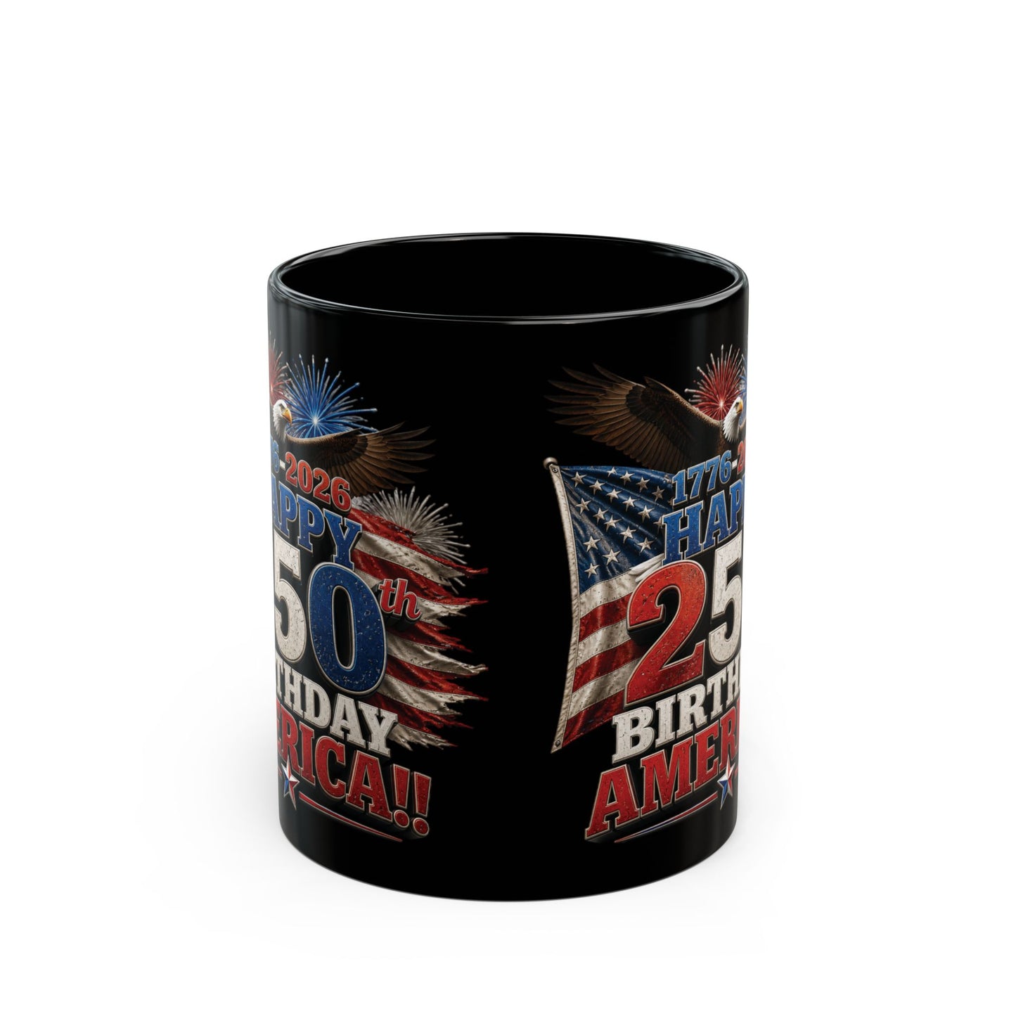 Happy 250th Birthday America! Black Mug – Patriotic 1776–2026 Eagle & Fireworks Coffee Cup