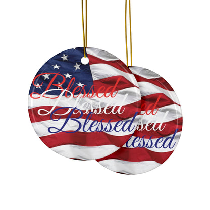Patriotic Ceramic Ornaments - Blessed Design - American Flag Backdrop - Red White & Blue Blessed Print Design - (Multi-Pack) Options (1, 3, 5, or 10 pieces)