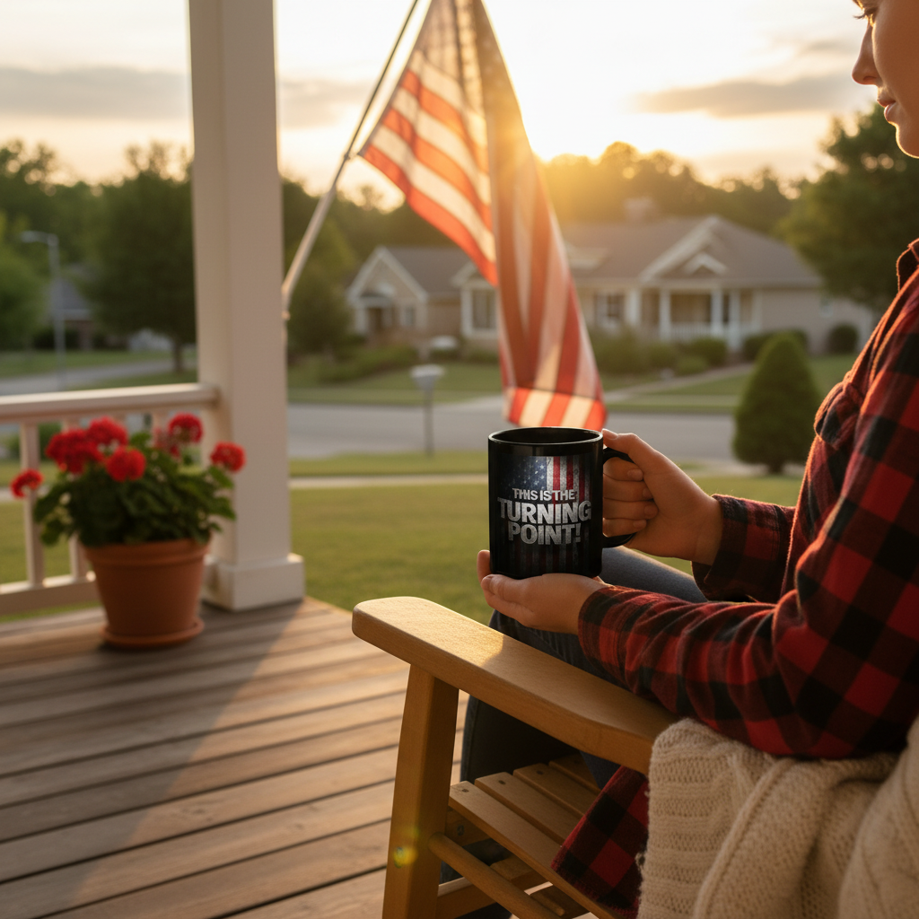 Charlie Kirk - This Is The Turning Point! - American Flag Backdrop - Sleek Black Ceramic Mug - 11oz - 15oz