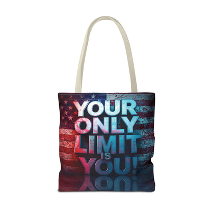 Motivational Tote Bag, Your Only Limit is You!, Inspirational Gift, USA Flag Design, Eco-Friendly Everyday Tote