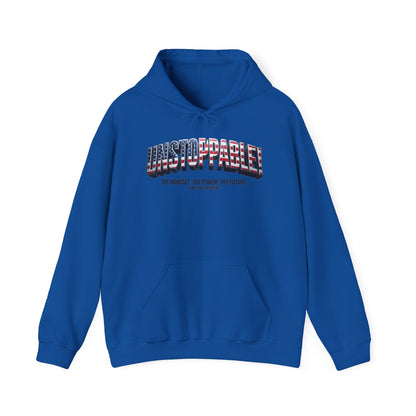 Blue hoodie with an 'UNSTOPPABLE!' logo across the chest against a white background.