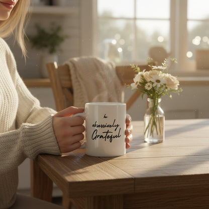 Be Obsessively Grateful Mug - White Ceramic Coffee Cup 11oz 15oz