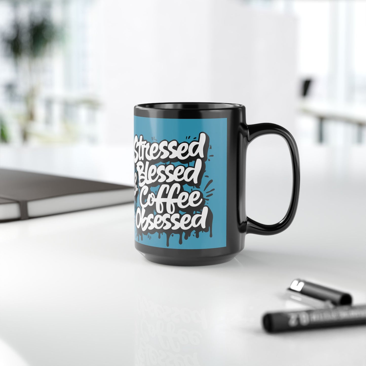 Coffee Lover's 11oz & 15oz Sleek Black Ceramic Mug - Stressed, Blessed & Coffee Obsessed Print, Gift for Coffee Lovers, Gift For Her, Inspirational Mug, Home & Office, Fun Gift Idea