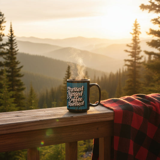 Coffee Lover's 11oz & 15oz Sleek Black Ceramic Mug - Stressed, Blessed & Coffee Obsessed Print, Gift for Coffee Lovers, Gift For Her, Inspirational Mug, Home & Office, Fun Gift Idea