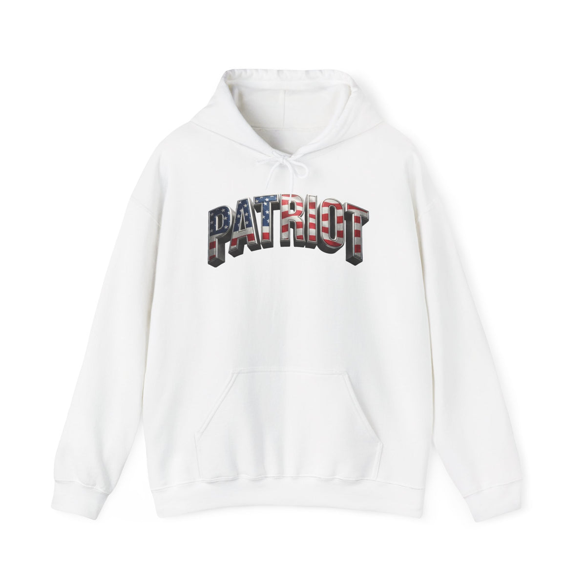 A white pullover hoodie with a front kangaroo pocket and a drawstring hood, featuring a large arched 'PATRIOT' graphic across the chest in a distressed American flag pattern.