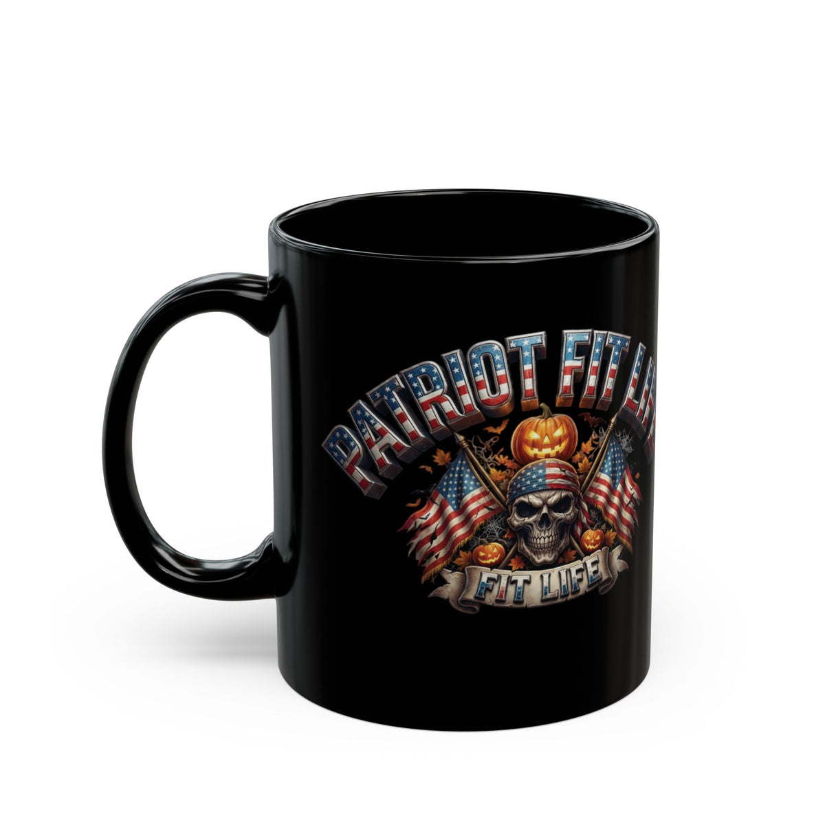Patriot Fit Life Halloween Coffee Mug - Skull Crossed Flags & Pumpkins | Warrior Edition | 11oz & 15oz