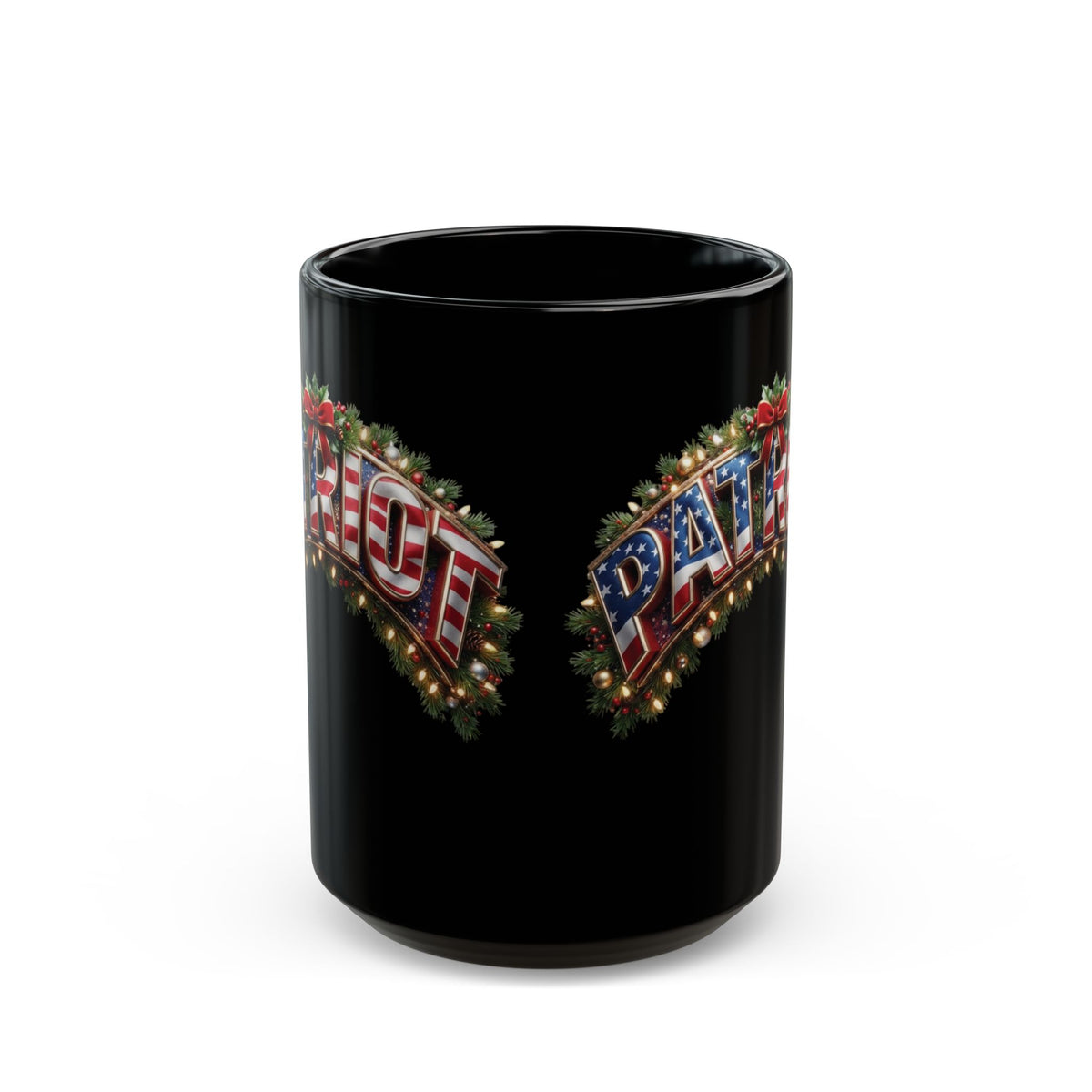 Patriot Holiday Mug — Festive American Flag Lettering on Glossy Black Ceramic Coffee Mug