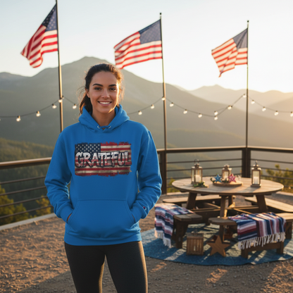 Champion Hoodie - Grateful Vintage American Flag Design - Red White Blue Backdrop - S - 3XL