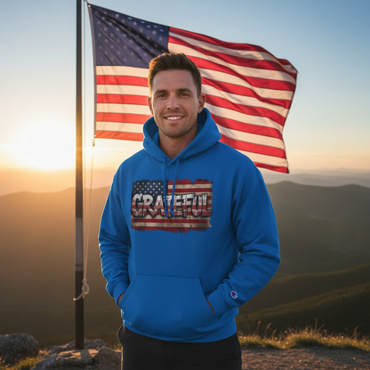 Champion Hoodie - Grateful Vintage American Flag Design - Red White Blue Backdrop - S - 3XL