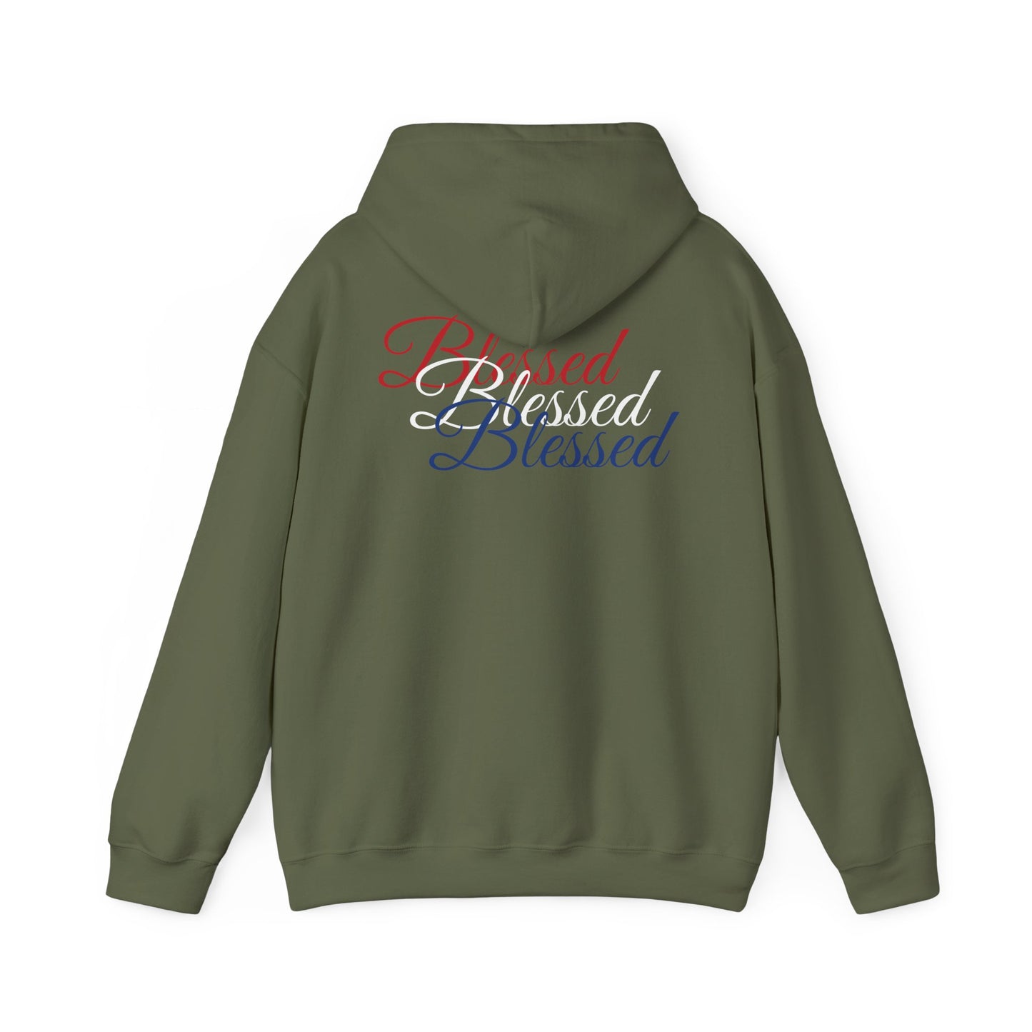 Blessed Hoodie – Patriotic Red, White & Blue Unisex Pullover Sweatshirt with Front & Back Print – Cozy, Positive Vibes Gift