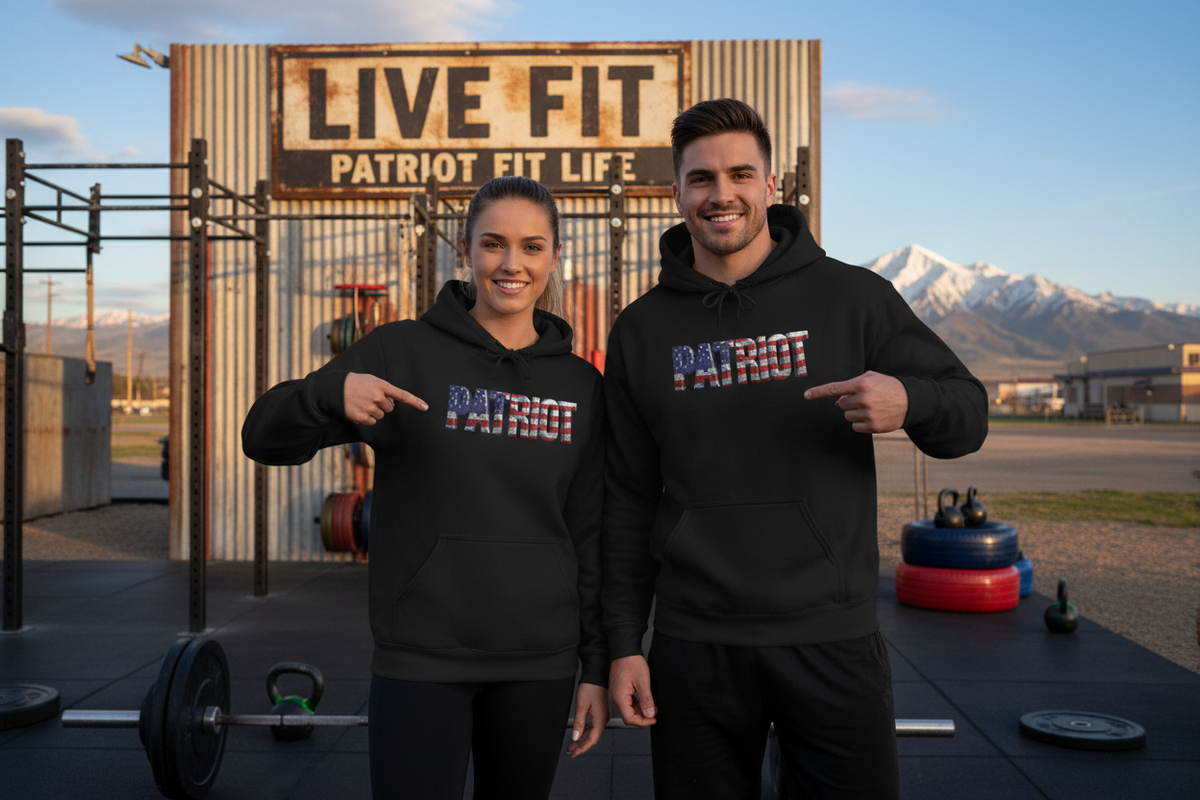 Two smiling fitness enthusiasts wearing matching black hoodies with a colorful embroidered 'PATRIOT' graphic on the chest, standing in front of a rustic metal sign that reads 'LIVE FIT PATRIOT FIT LIFE' at an outdoor gym with mountains in the background.