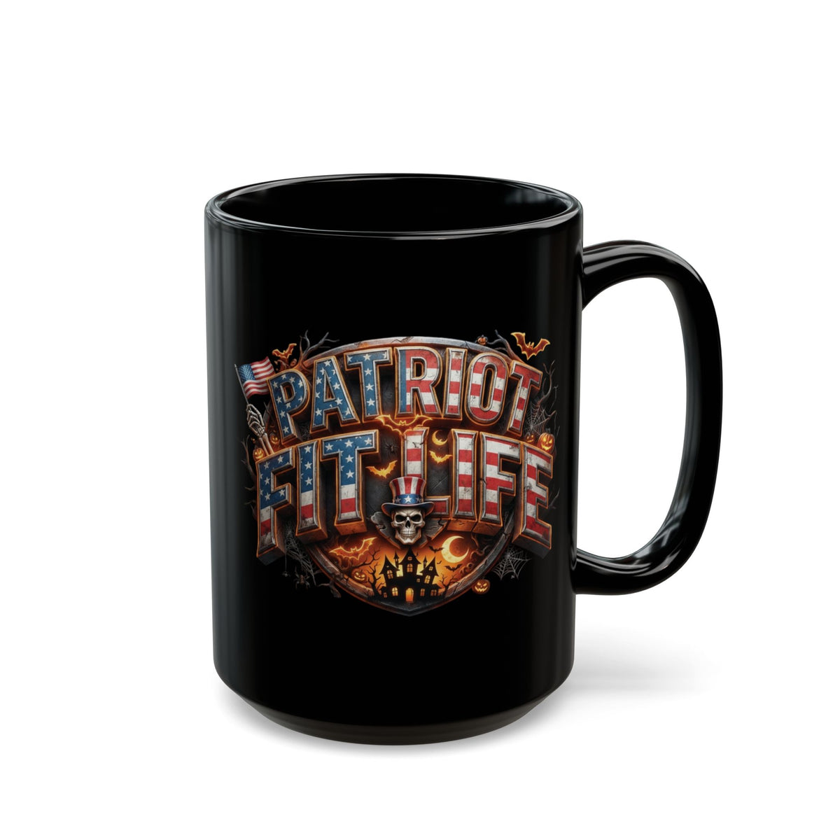 Patriot Fit Life Halloween Coffee Mug - Skull Crest Haunted Flag Graphic | Gothic Edition | 11oz & 15oz