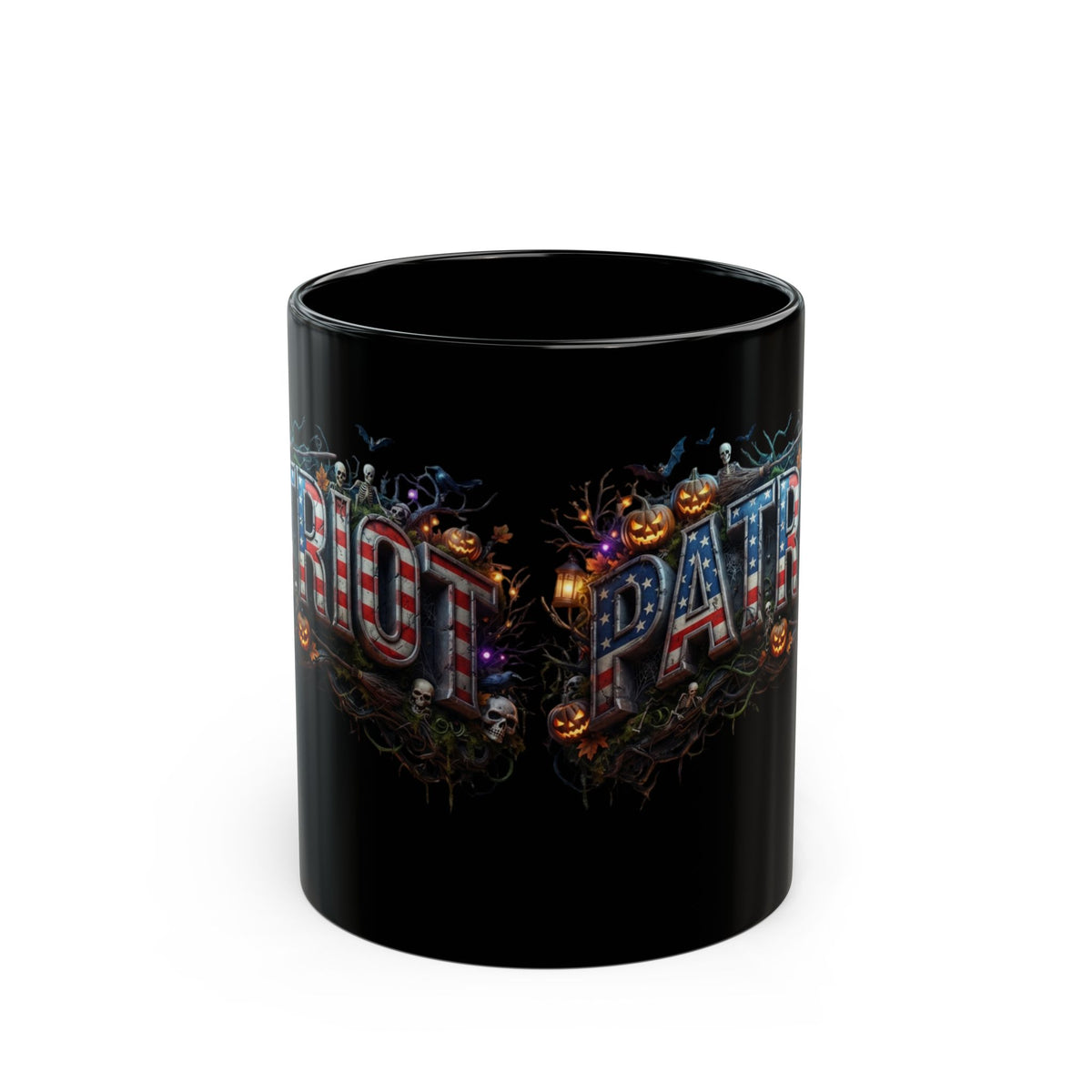 Patriot Halloween Black Coffee Mug - Skeleton Pumpkin Panoramic Flag Graphic | Spooky Edition | 11oz & 15oz