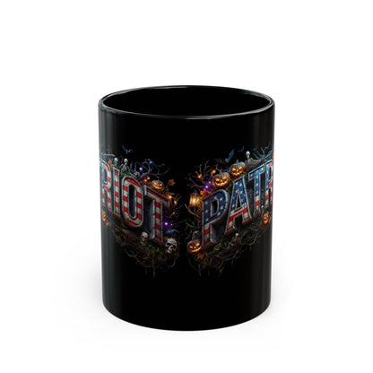 Patriot Halloween Black Coffee Mug - Skeleton Pumpkin Panoramic Flag Graphic | Spooky Edition | 11oz & 15oz