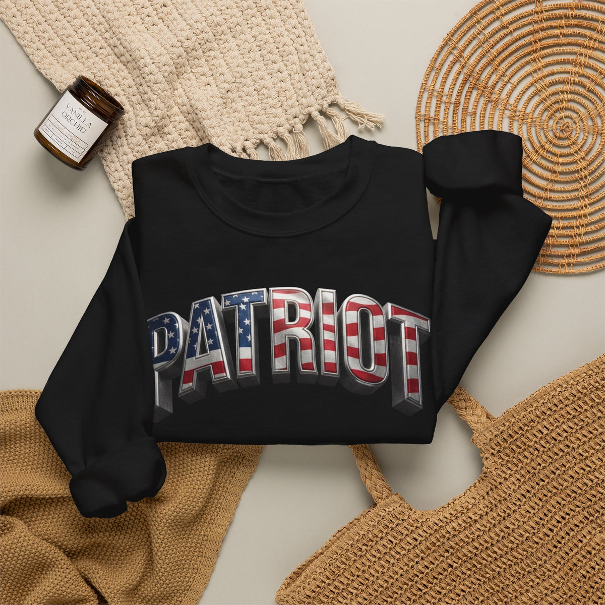 Patriot Crewneck Sweatshirt — American Flag Text Graphic