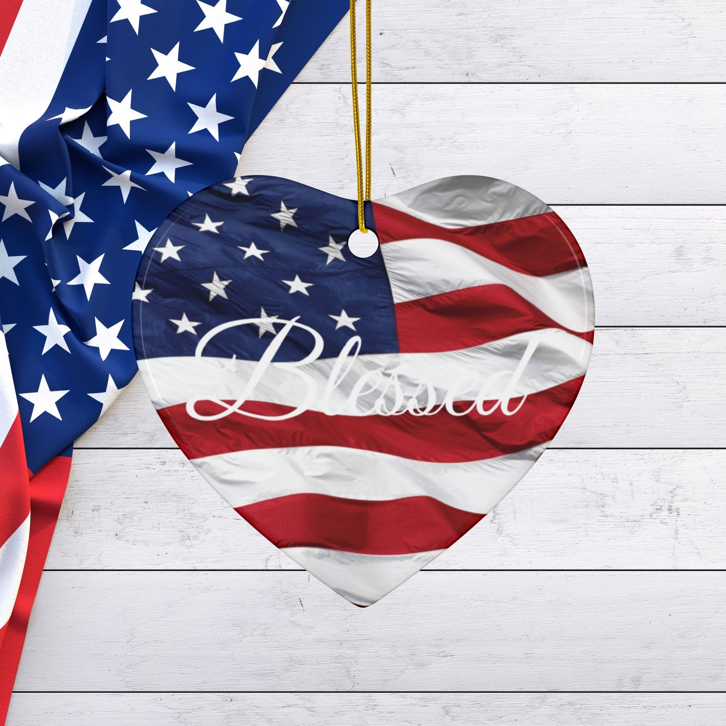 Ceramic Ornaments - White Blessed Print - American Flag Backdrop - Red White & Blue Design (1-10pcs)