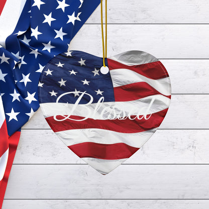 Ceramic Ornaments - White Blessed Print - American Flag Backdrop - Red White & Blue Design (1-10pcs)