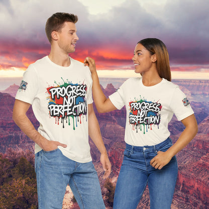 💥 Vibrant   💥   Eye-catching   💥   Motivational    💥 All  Over Print   💥 Unisex T-shirt  💥   Progress  Not  Perfection   💥  Art-Inspired   💥  Apparel  💥  Sizes  XS  x  4XL 💥