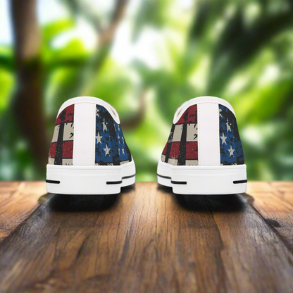 Eye-Catching - All Over Print - USA - Red White & Blue - Low Top Sneakers - Choice of White Sole - or Black Sole