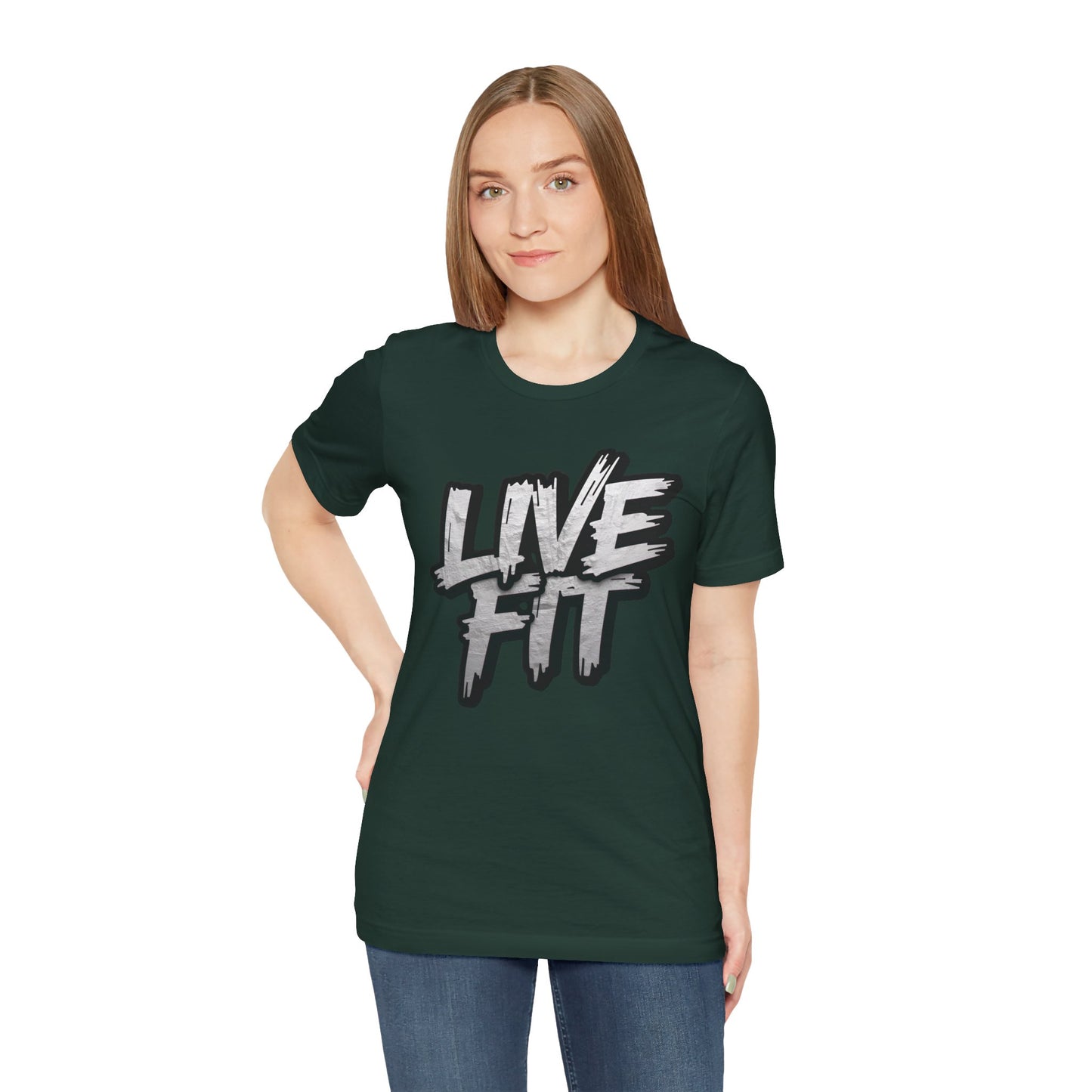 LIVE FIT Unisex Jersey Tee - Fitness Shirt - XS - 4XL -  Workout Apparel -  Motivational T-Shirt - Casual Wear - Gift for Fitness Enthusiasts