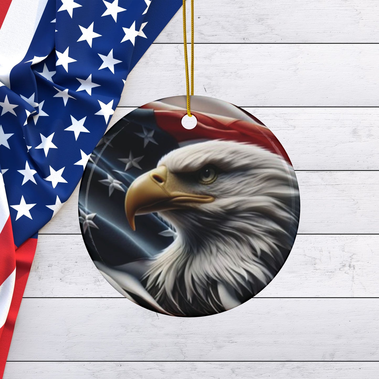 Patriotic Eagle Ornaments - American Flag Backdrop - 2 Sided Same Pic -