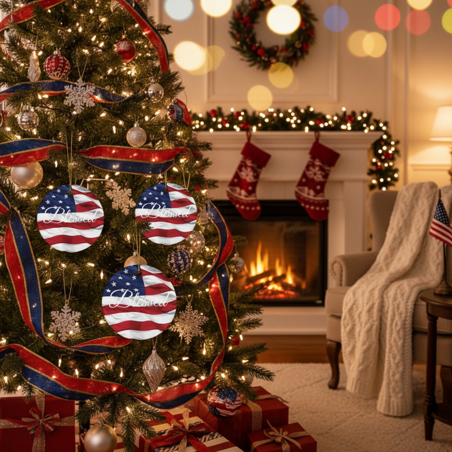 Ceramic Ornaments - White Blessed Print - American Flag Backdrop - Red White & Blue Design (1-10pcs)